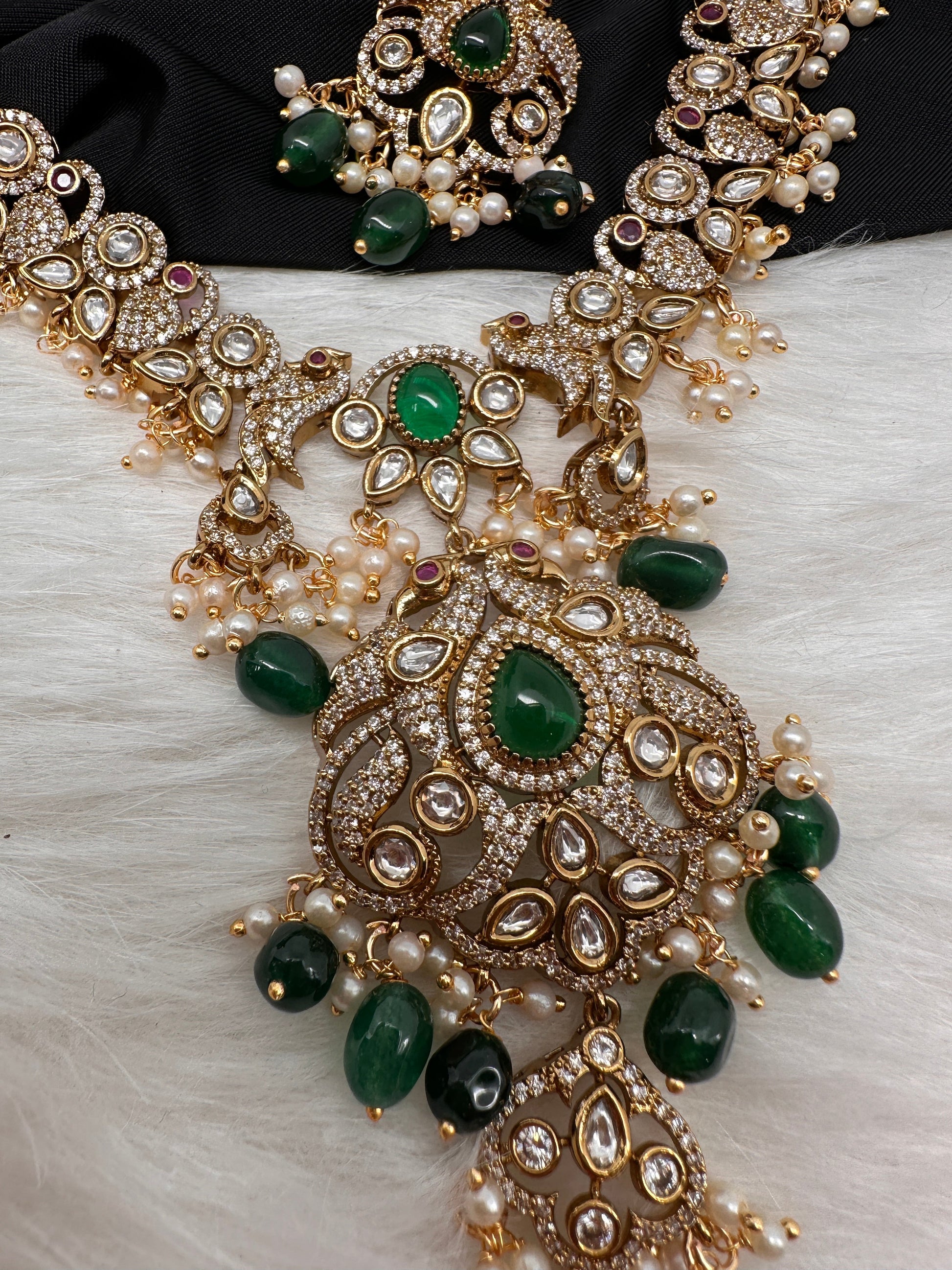 Victorian Mehndi Finish AD Polki Kundan Color Stone Short Necklace - Green