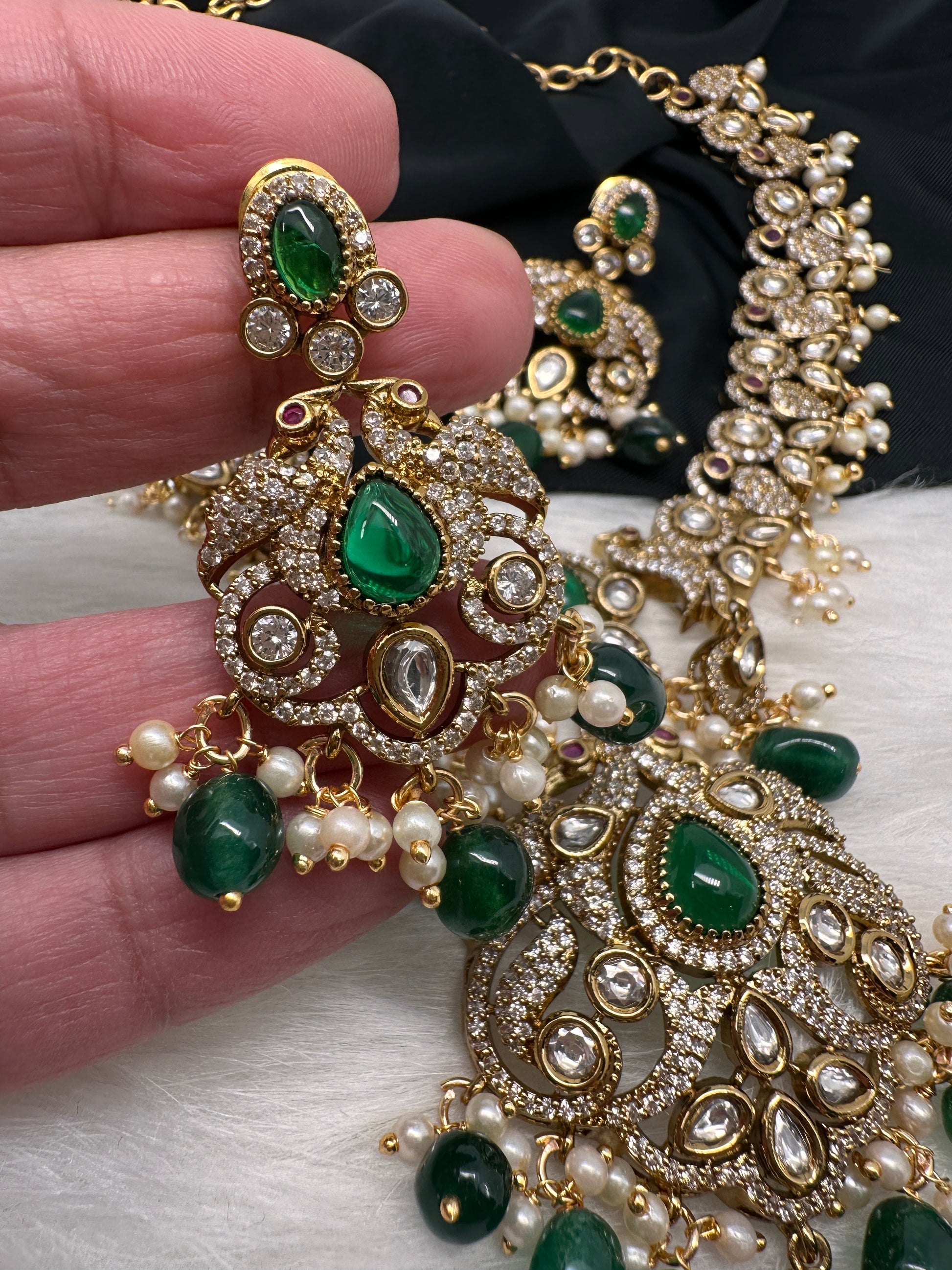 Victorian Mehndi Finish AD Polki Kundan Color Stone Short Necklace - Green