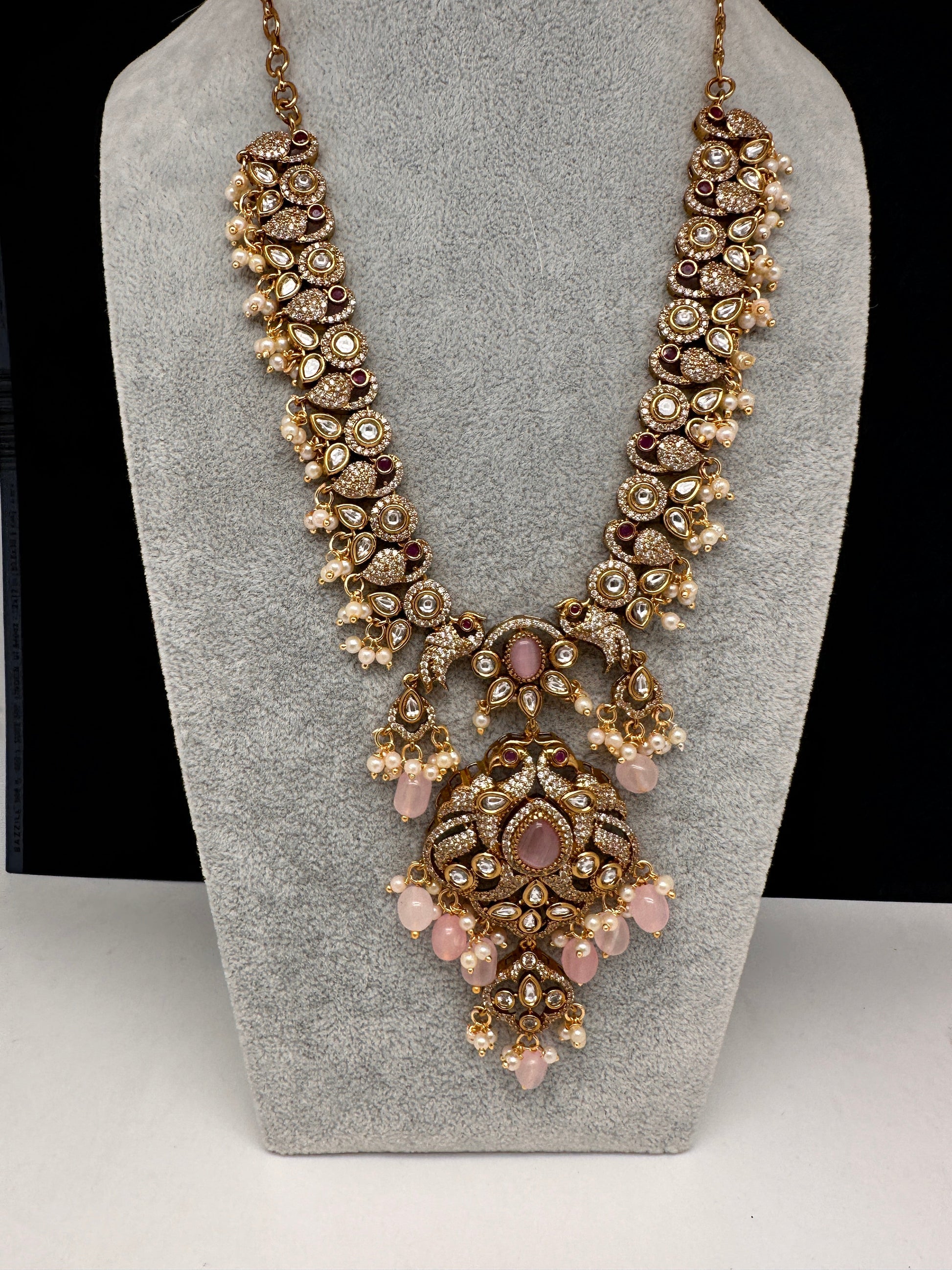 Victorian Mehndi Finish AD Polki Kundan Color Stone Short Necklace - Pink