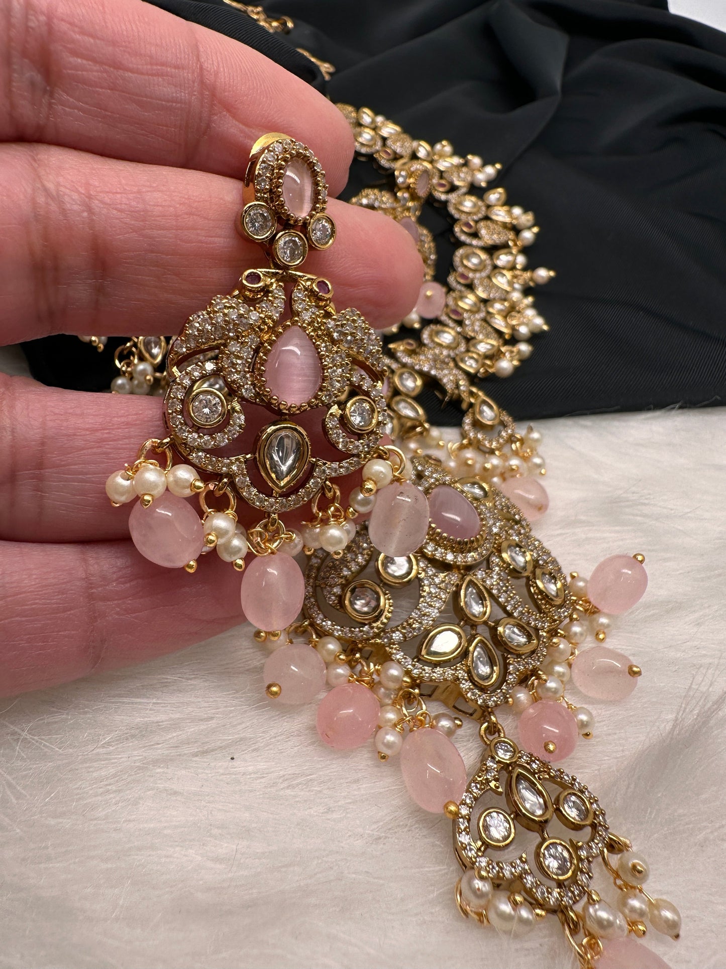 Victorian Mehndi Finish AD Polki Kundan Color Stone Short Necklace - Pink