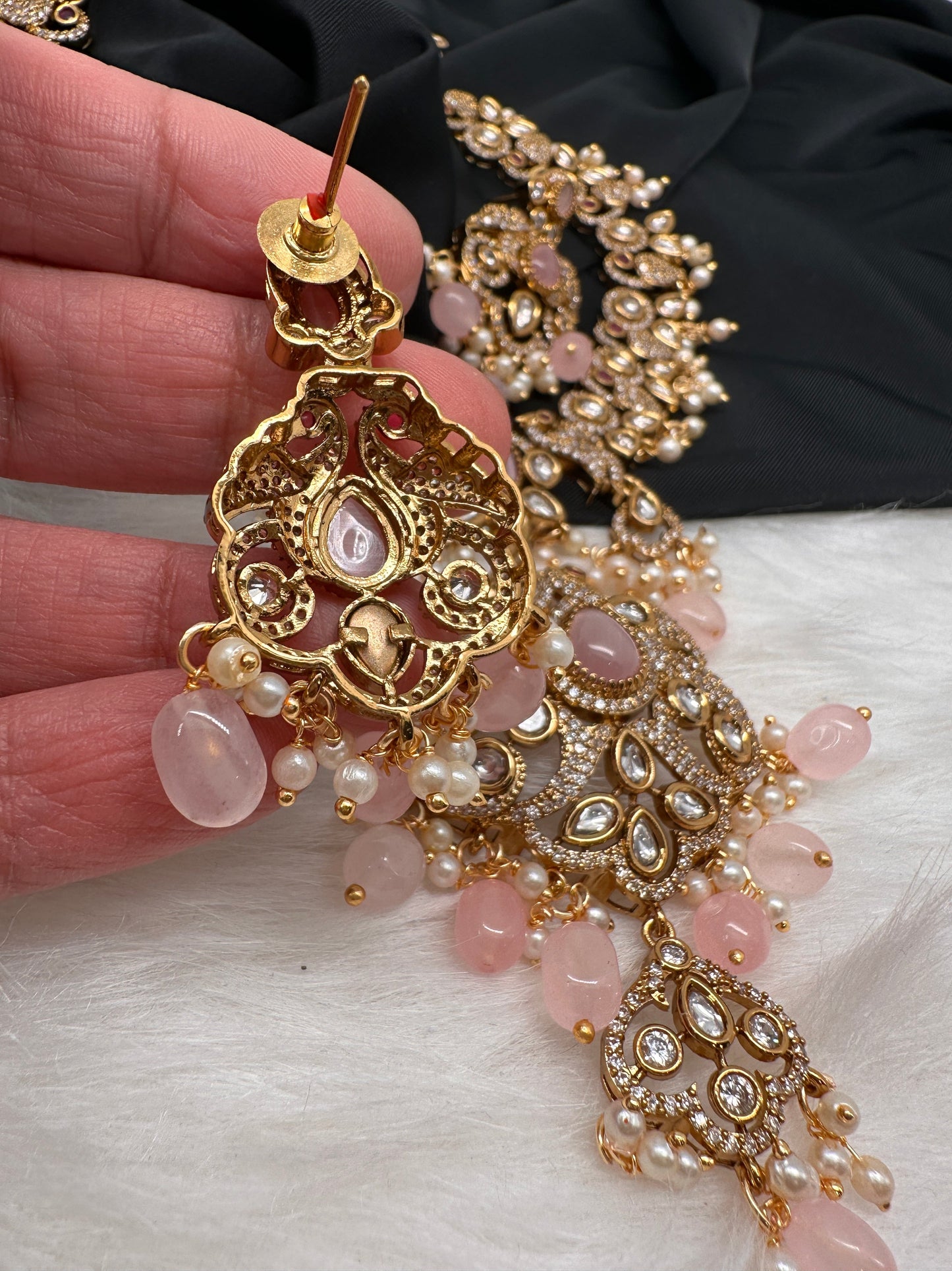 Victorian Mehndi Finish AD Polki Kundan Color Stone Short Necklace - Pink