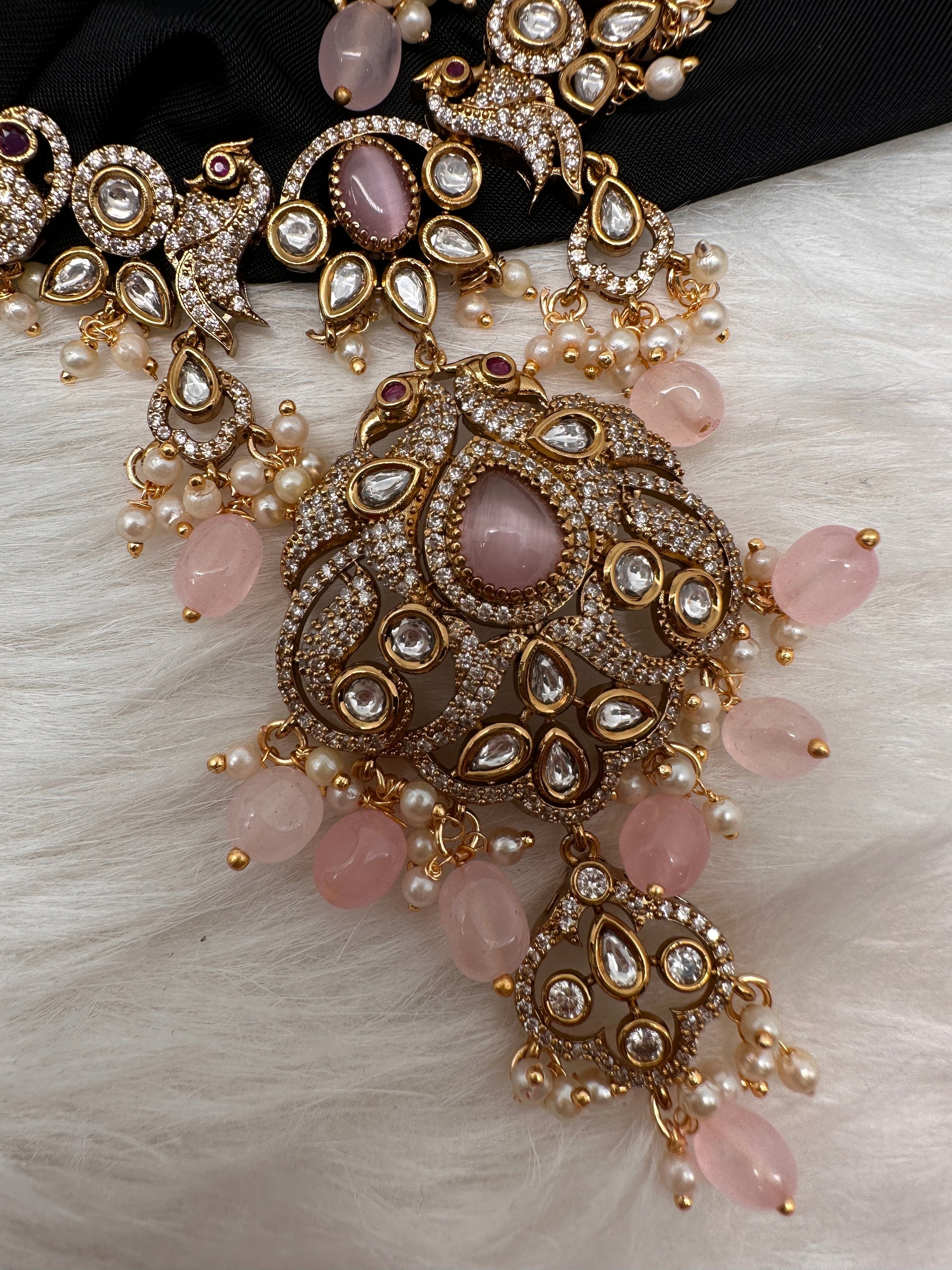 Victorian Mehndi Finish AD Polki Kundan Color Stone Short Necklace - Pink