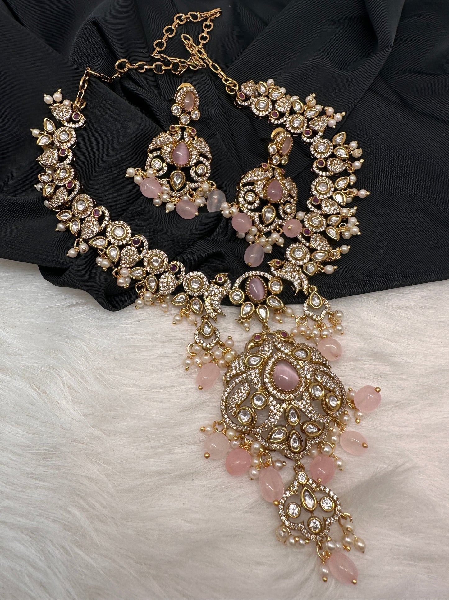 Victorian Mehndi Finish AD Polki Kundan Color Stone Short Necklace - Pink