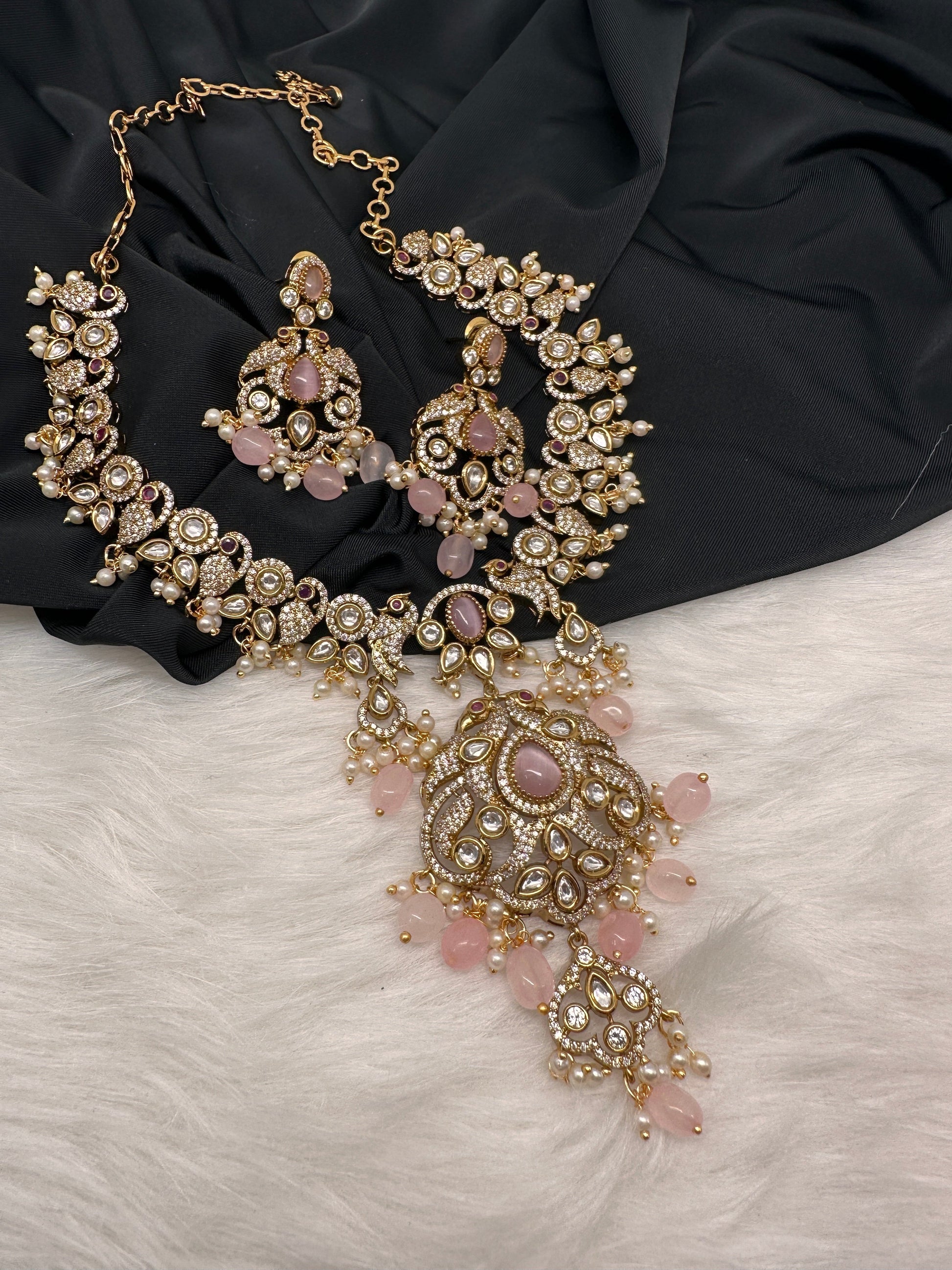 Victorian Mehndi Finish AD Polki Kundan Color Stone Short Necklace - Pink