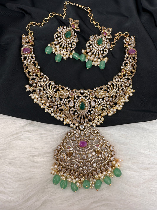 Victorian Mehndi Finish AD Polki Green Stone Green Beads Short Neckline Necklace