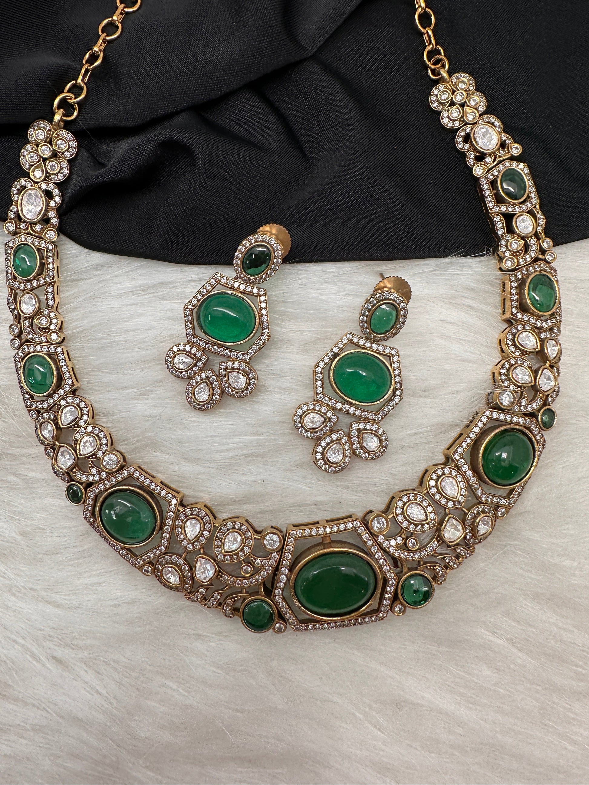 Victorian Mehndi Finish AD Polki Kundan Color Stone Hasli Necklace - Green