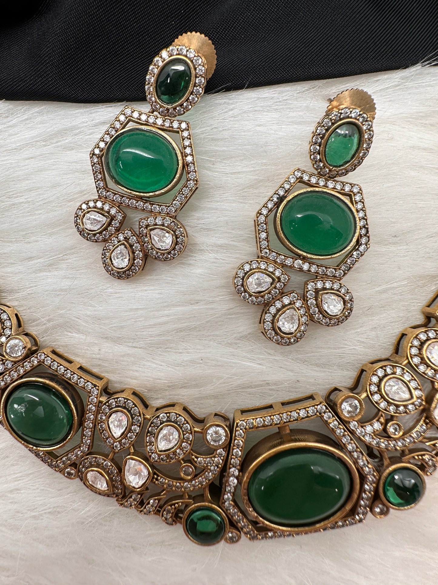 Victorian Mehndi Finish AD Polki Kundan Color Stone Hasli Necklace - Green