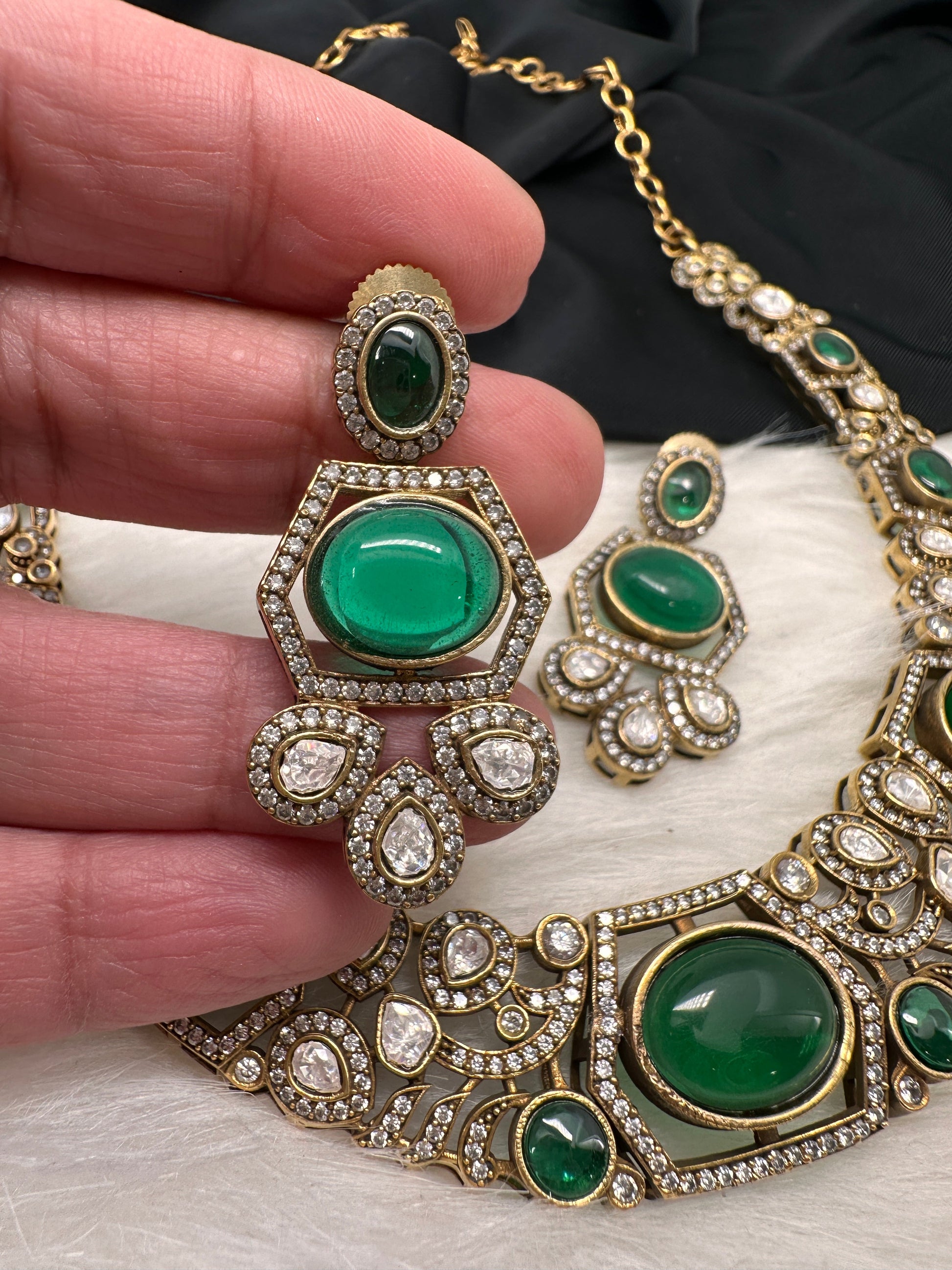 Victorian Mehndi Finish AD Polki Kundan Color Stone Hasli Necklace - Green