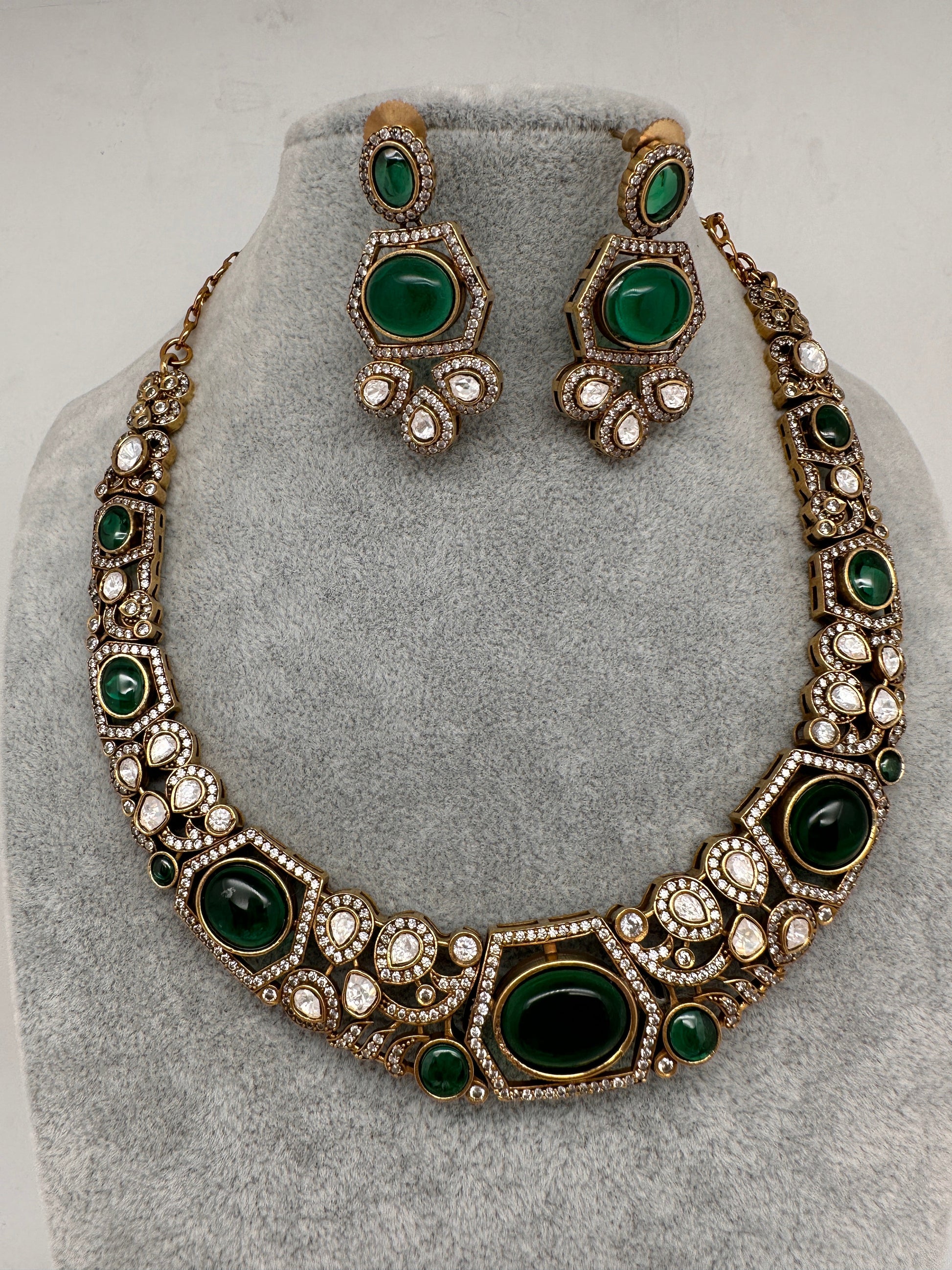 Victorian Mehndi Finish AD Polki Kundan Color Stone Hasli Necklace - Green