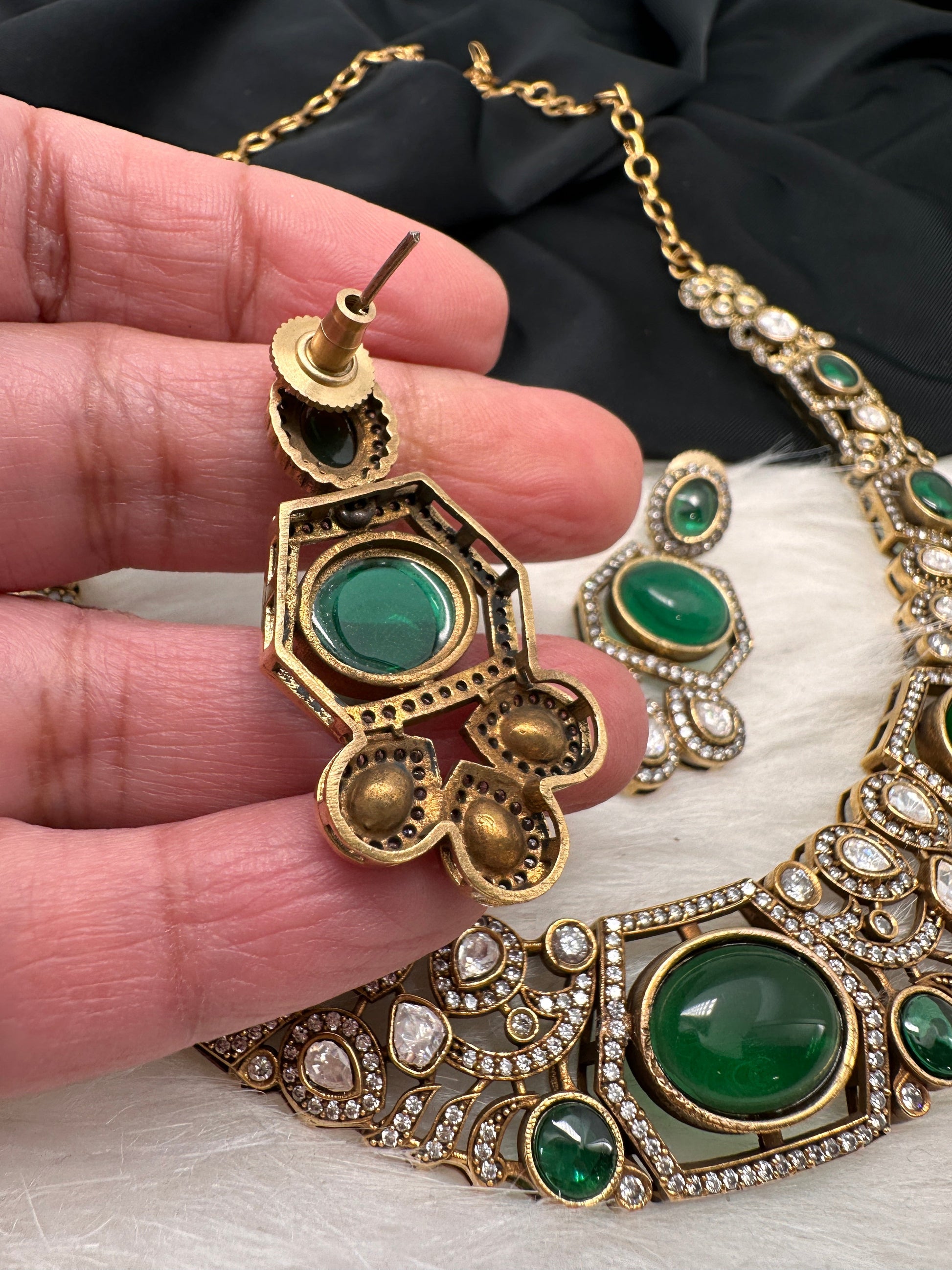 Victorian Mehndi Finish AD Polki Kundan Color Stone Hasli Necklace - Green