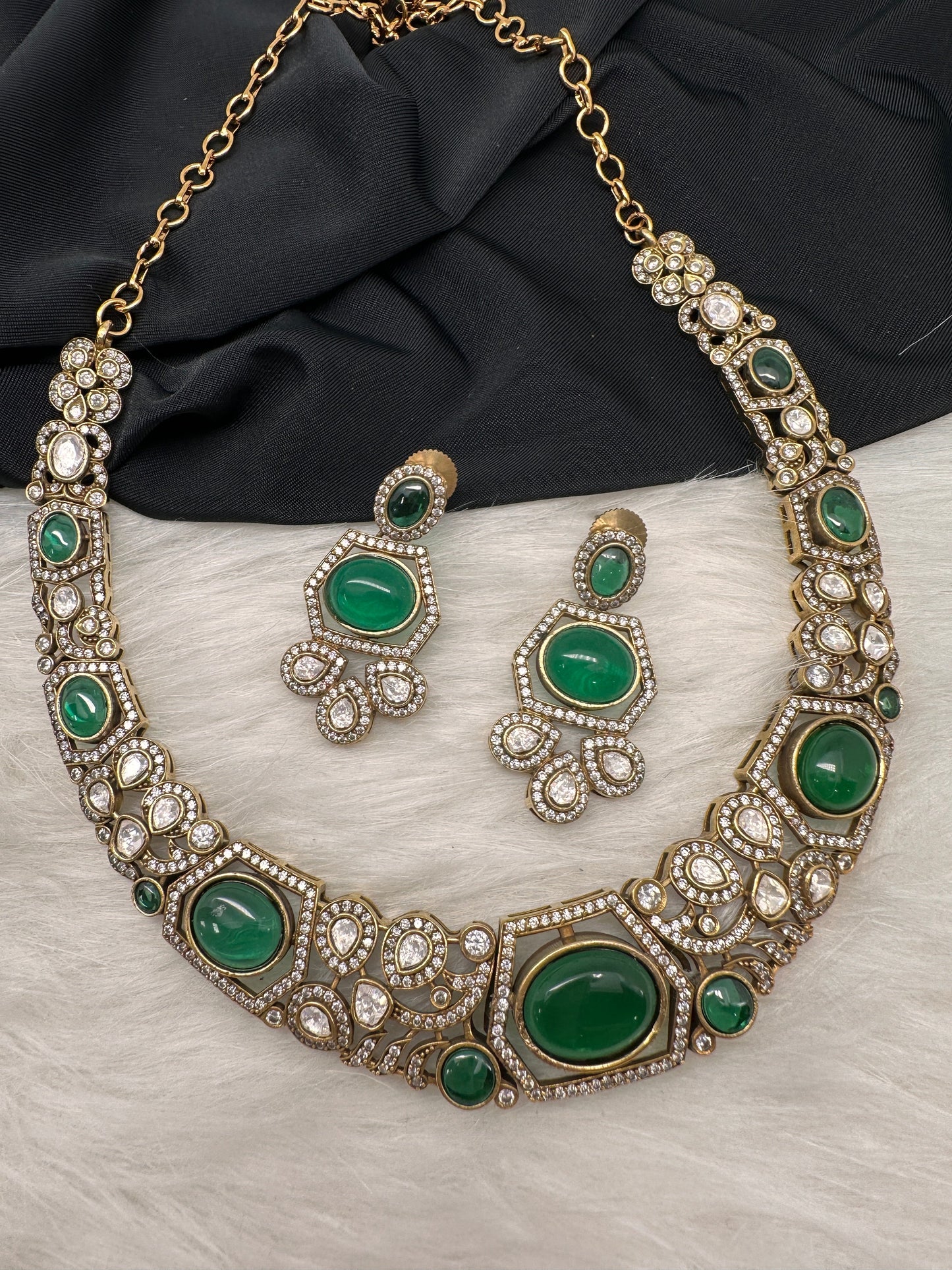 Victorian Mehndi Finish AD Polki Kundan Color Stone Hasli Necklace - Green