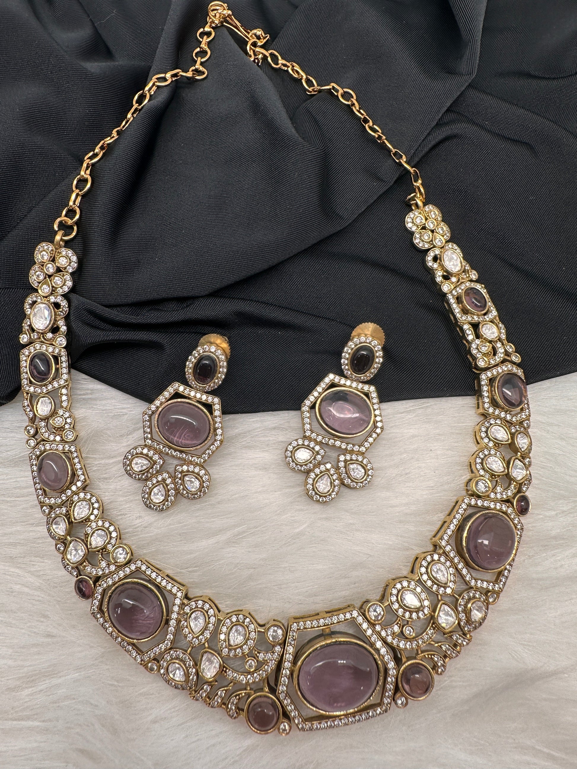 Victorian Mehndi Finish AD Polki Kundan Color Stone Hasli Necklace - Purple