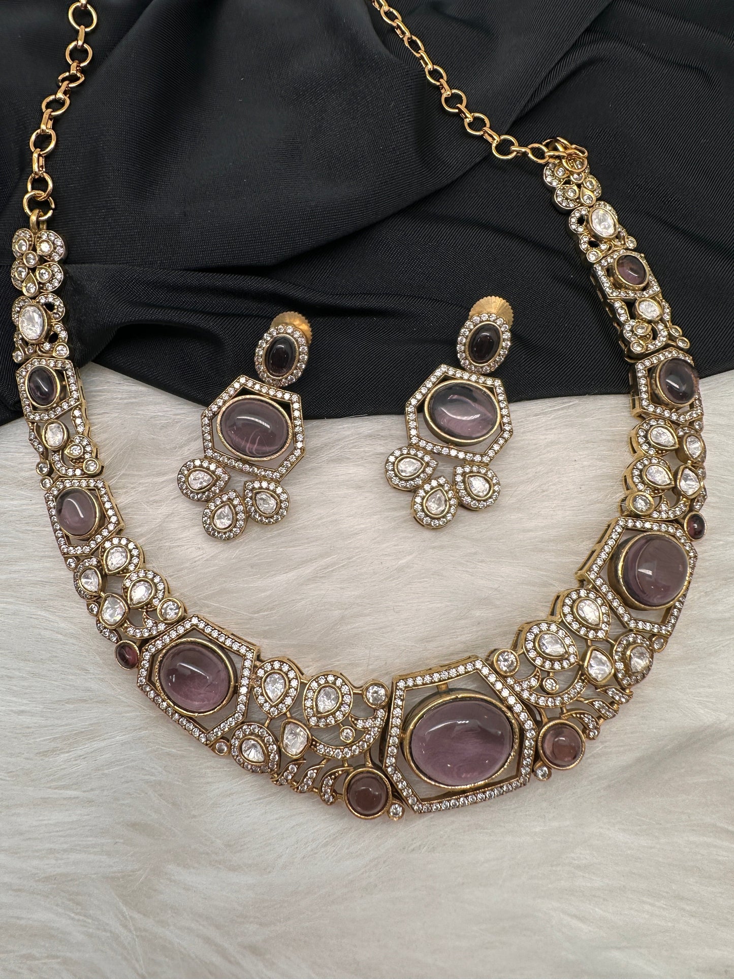 Victorian Mehndi Finish AD Polki Kundan Color Stone Hasli Necklace - Purple