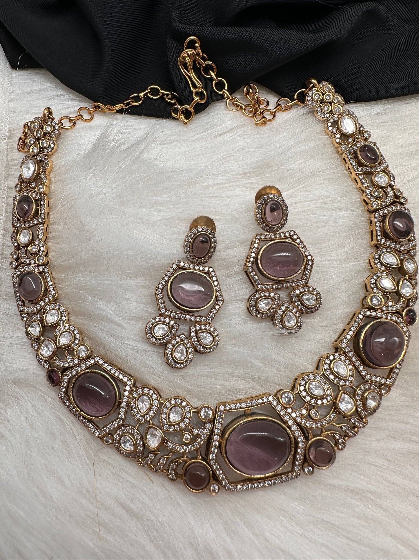 Victorian Mehndi Finish AD Polki Kundan Color Stone Hasli Necklace - Purple