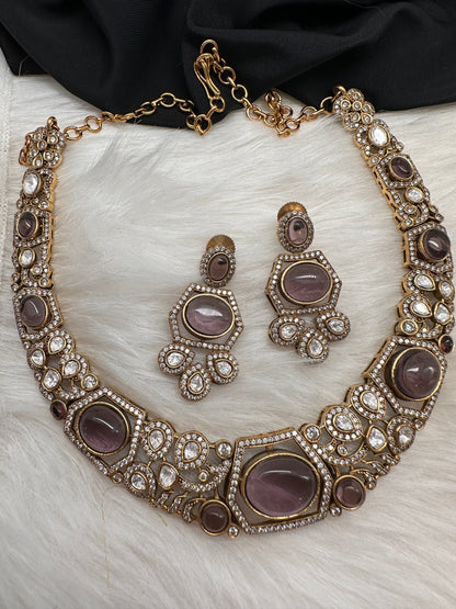 Victorian Mehndi Finish AD Polki Kundan Color Stone Hasli Necklace - Purple