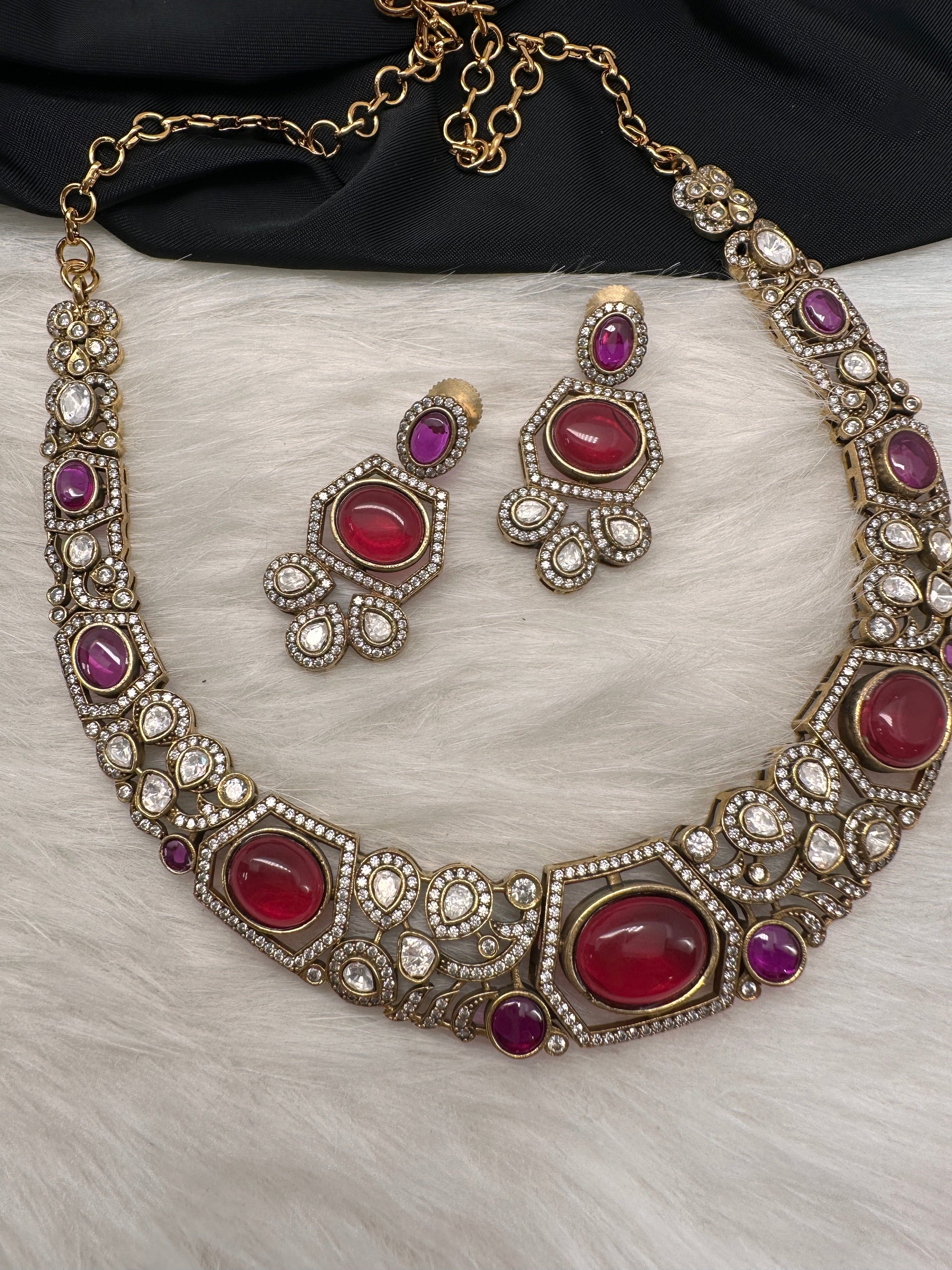 Victorian Mehndi Finish AD Polki Kundan Color Stone Hasli Necklace - Red