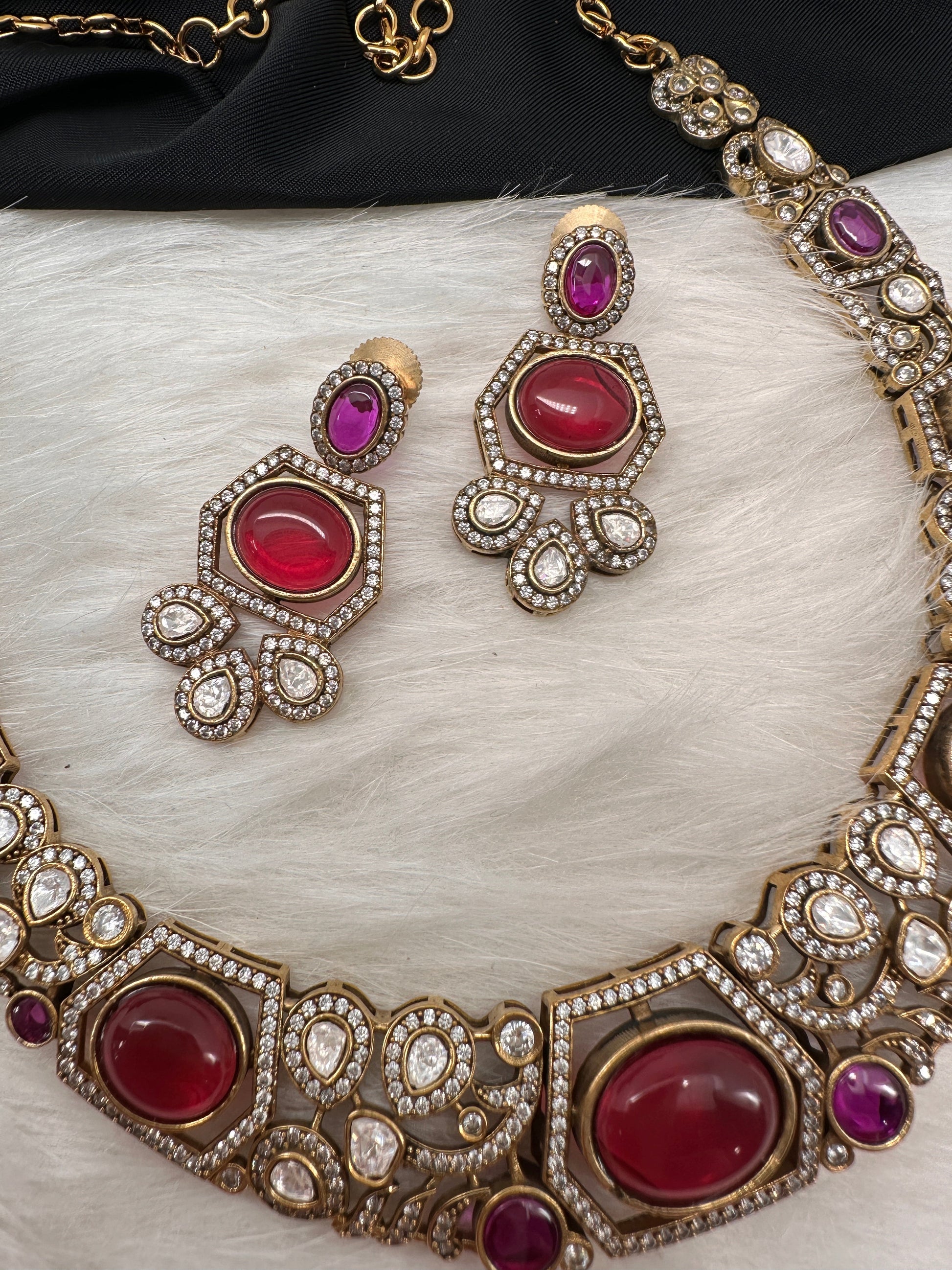 Victorian Mehndi Finish AD Polki Kundan Color Stone Hasli Necklace - Red