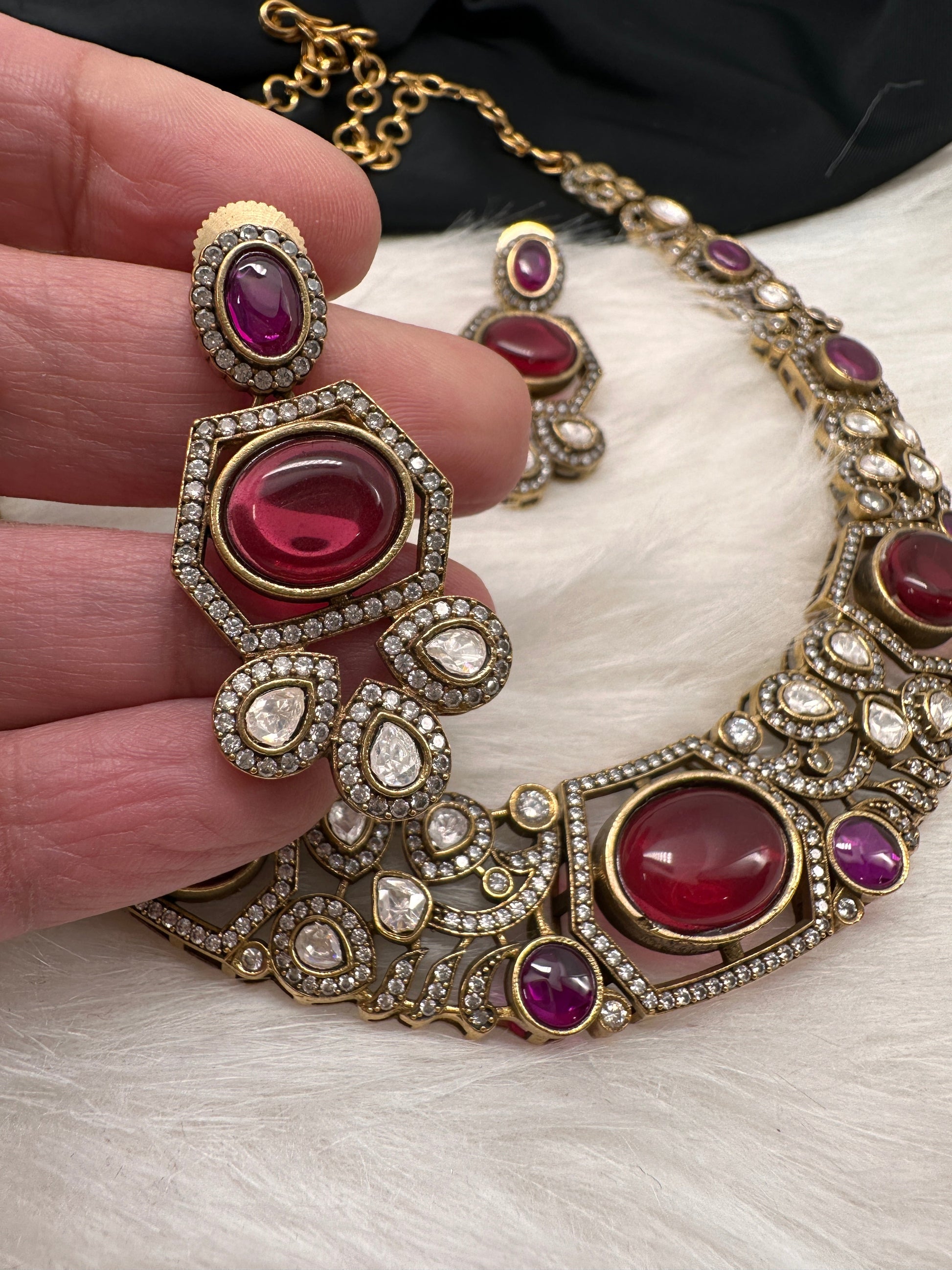 Victorian Mehndi Finish AD Polki Kundan Color Stone Hasli Necklace - Red