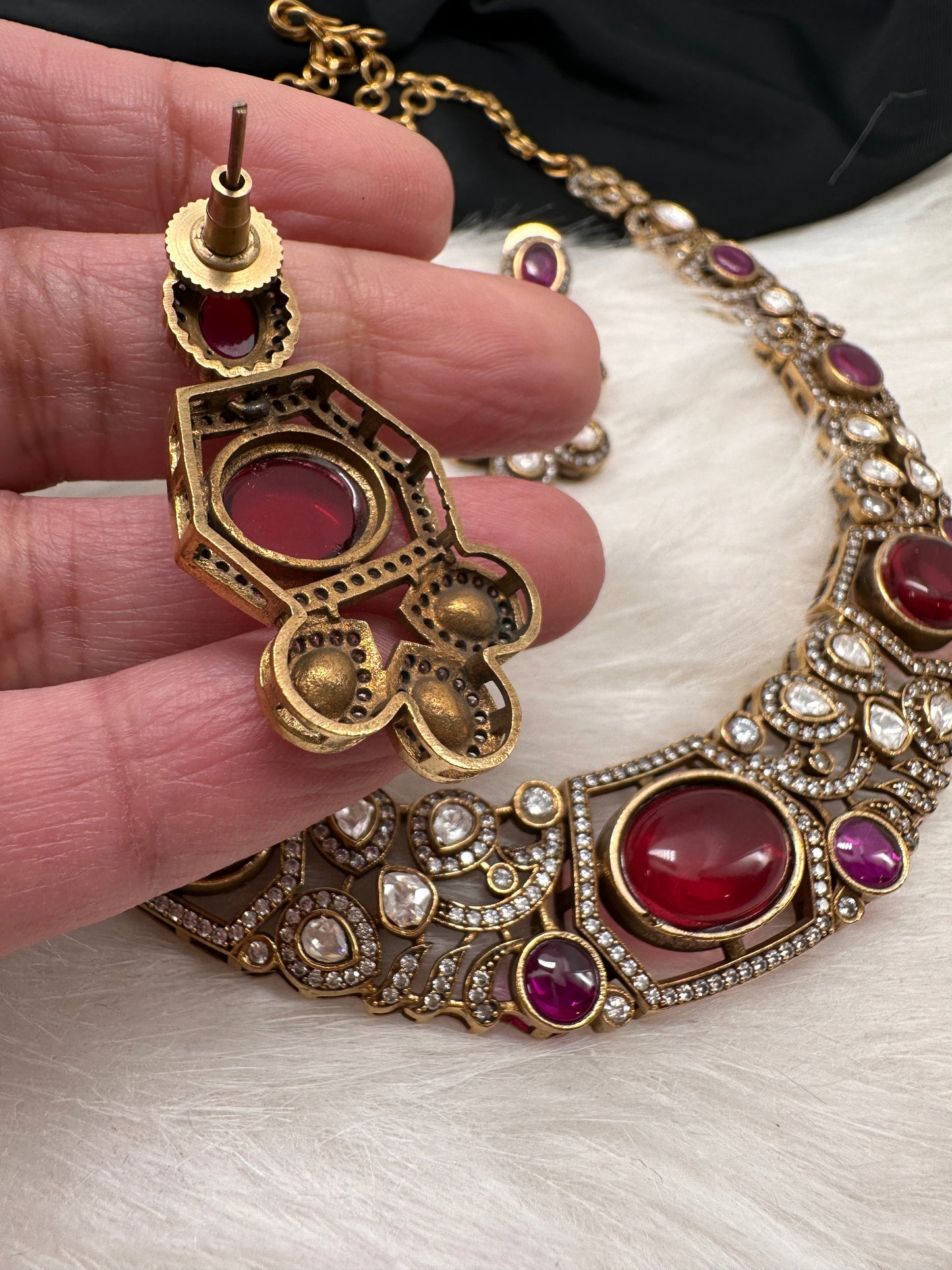 Victorian Mehndi Finish AD Polki Kundan Color Stone Hasli Necklace - Red