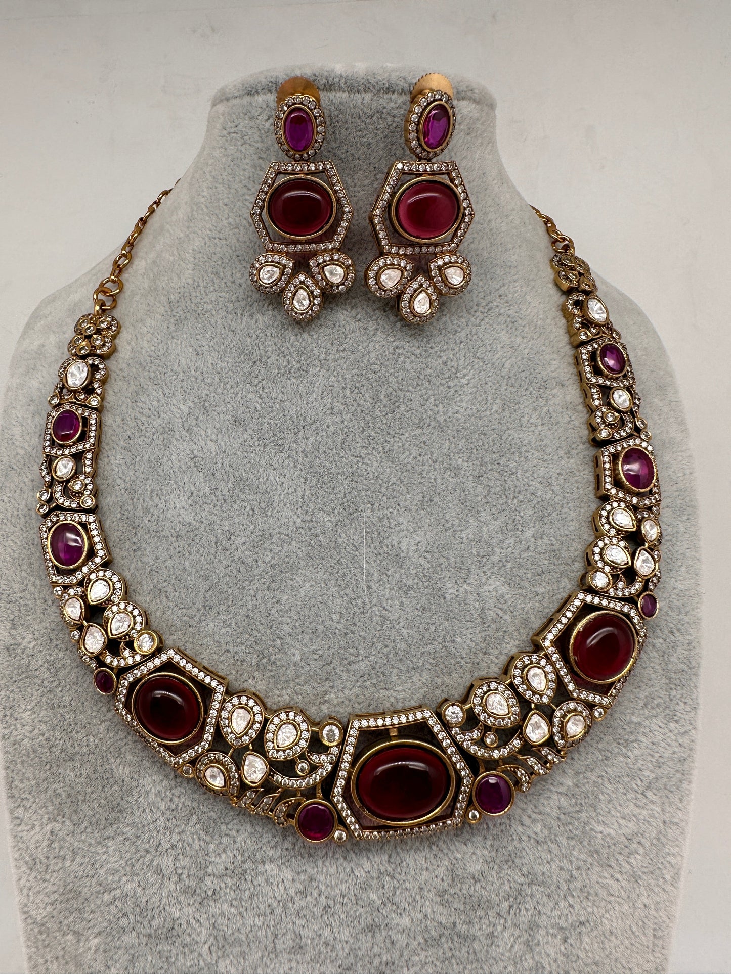 Victorian Mehndi Finish AD Polki Kundan Color Stone Hasli Necklace - Red