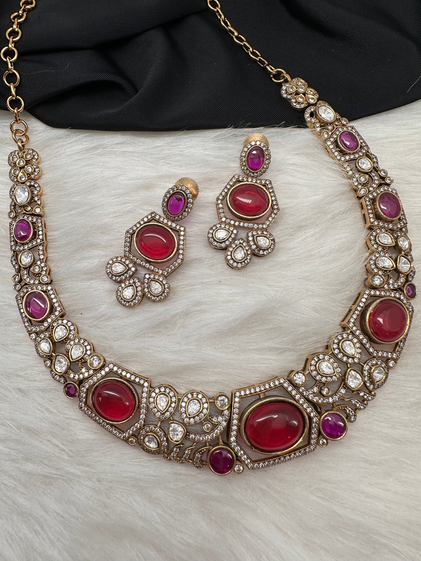 Victorian Mehndi Finish AD Polki Kundan Color Stone Hasli Necklace - Red