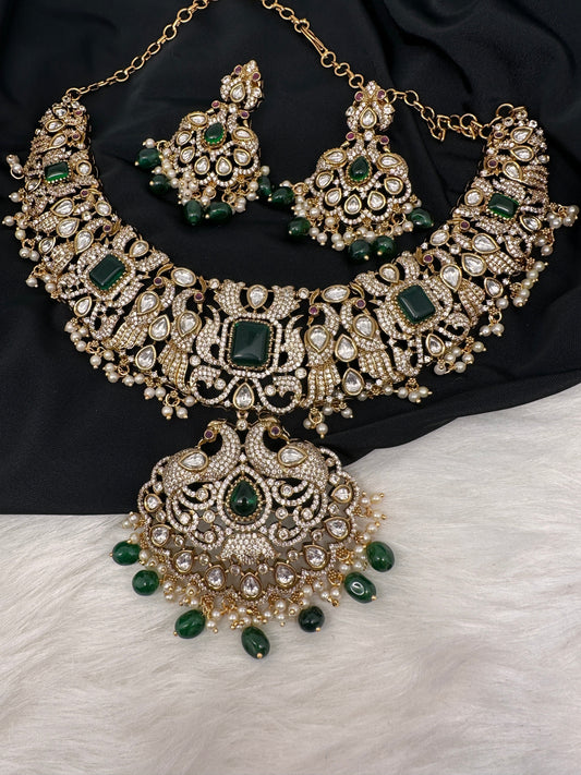 Victorian Mehndi Finish AD Polki Green Stone Green Beads Statement Neckline Necklace