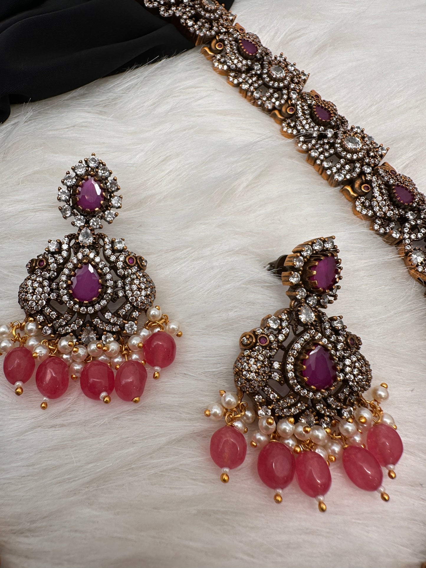 Victorian Mehndi Finish AD Polki Red Stone Pink Beads Long Statement Necklace