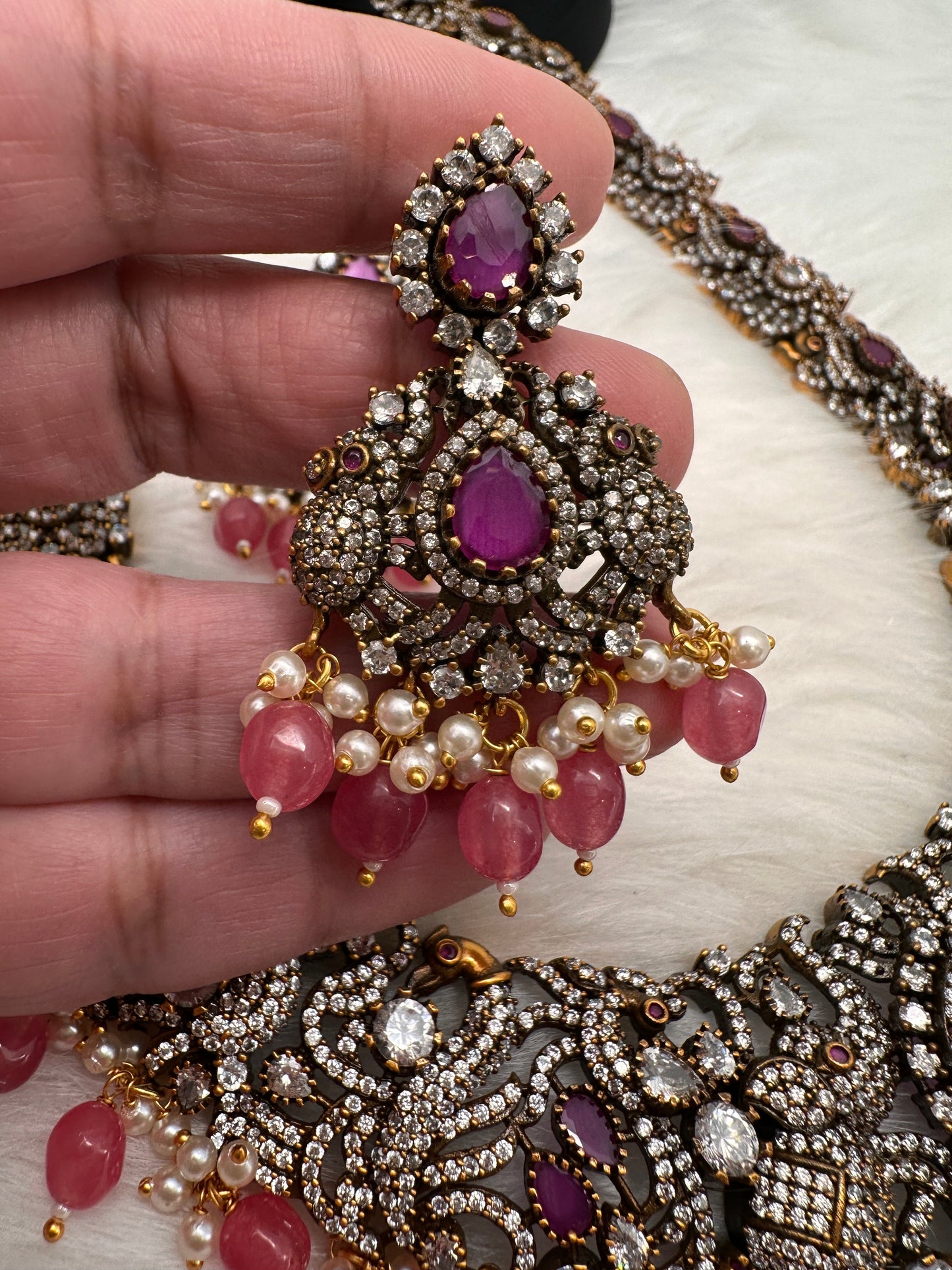 Victorian Mehndi Finish AD Polki Red Stone Pink Beads Long Statement Necklace