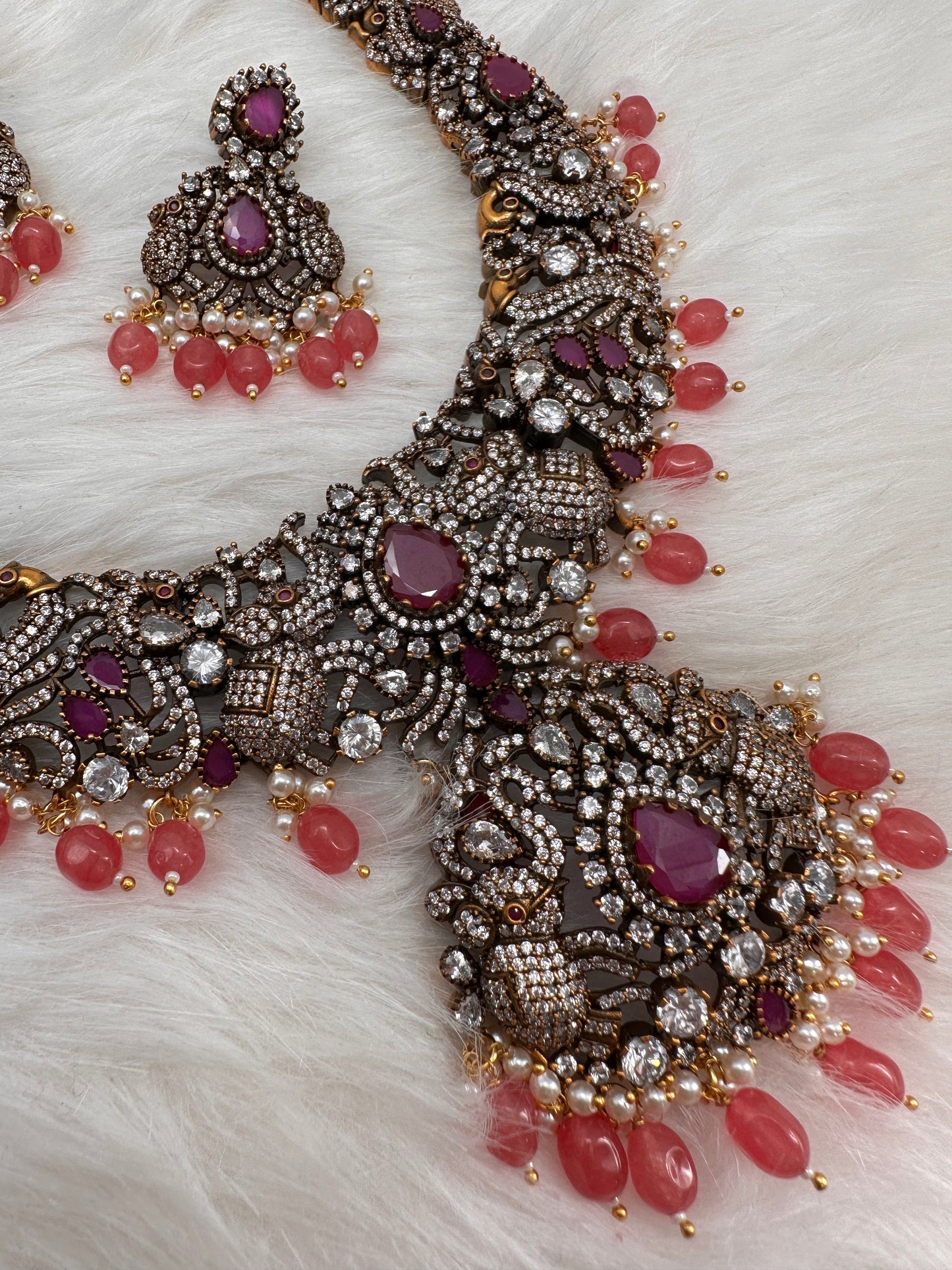 Victorian Mehndi Finish AD Polki Red Stone Pink Beads Long Statement Necklace