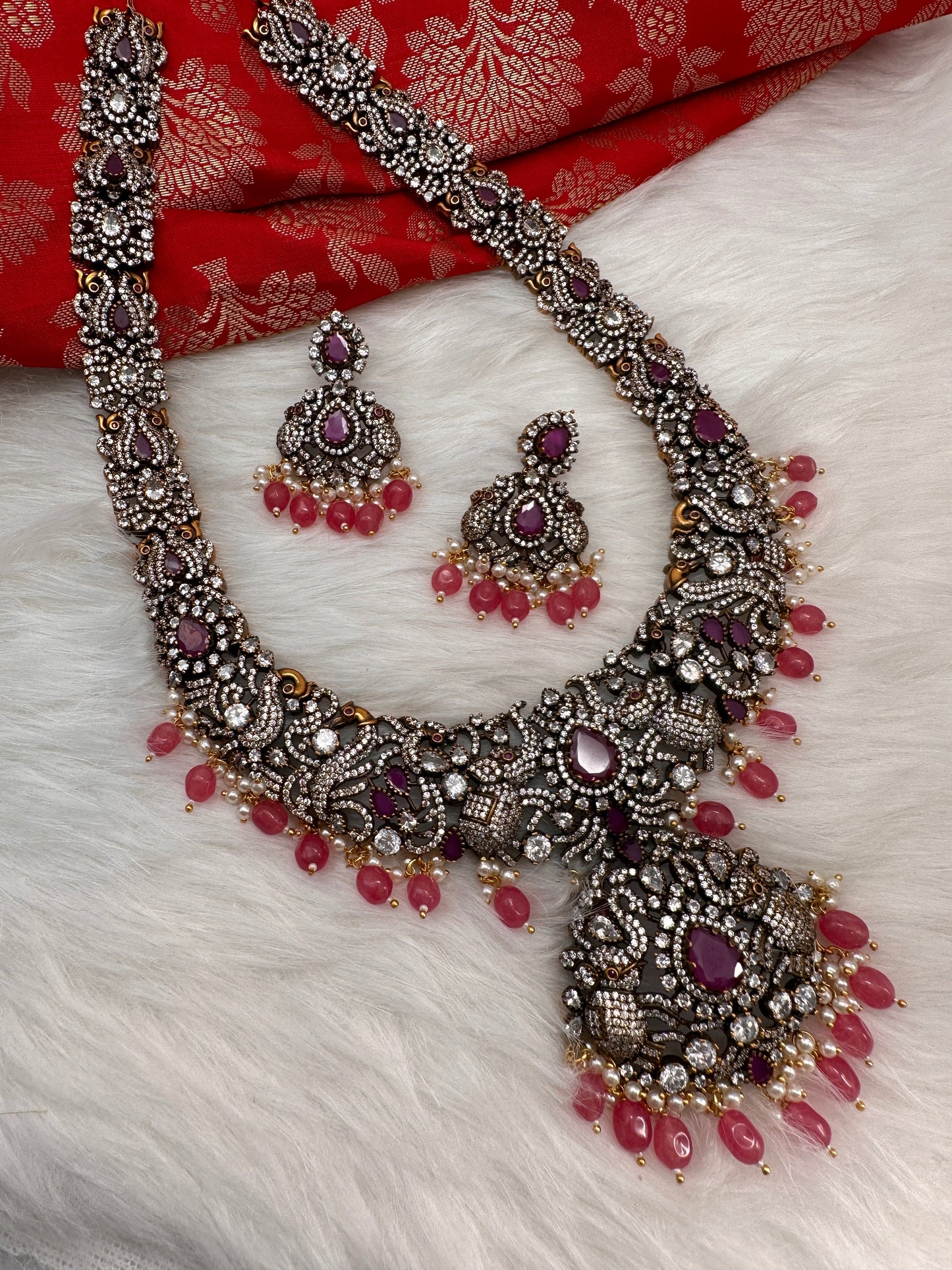 Victorian Mehndi Finish AD Polki Red Stone Pink Beads Long Statement Necklace