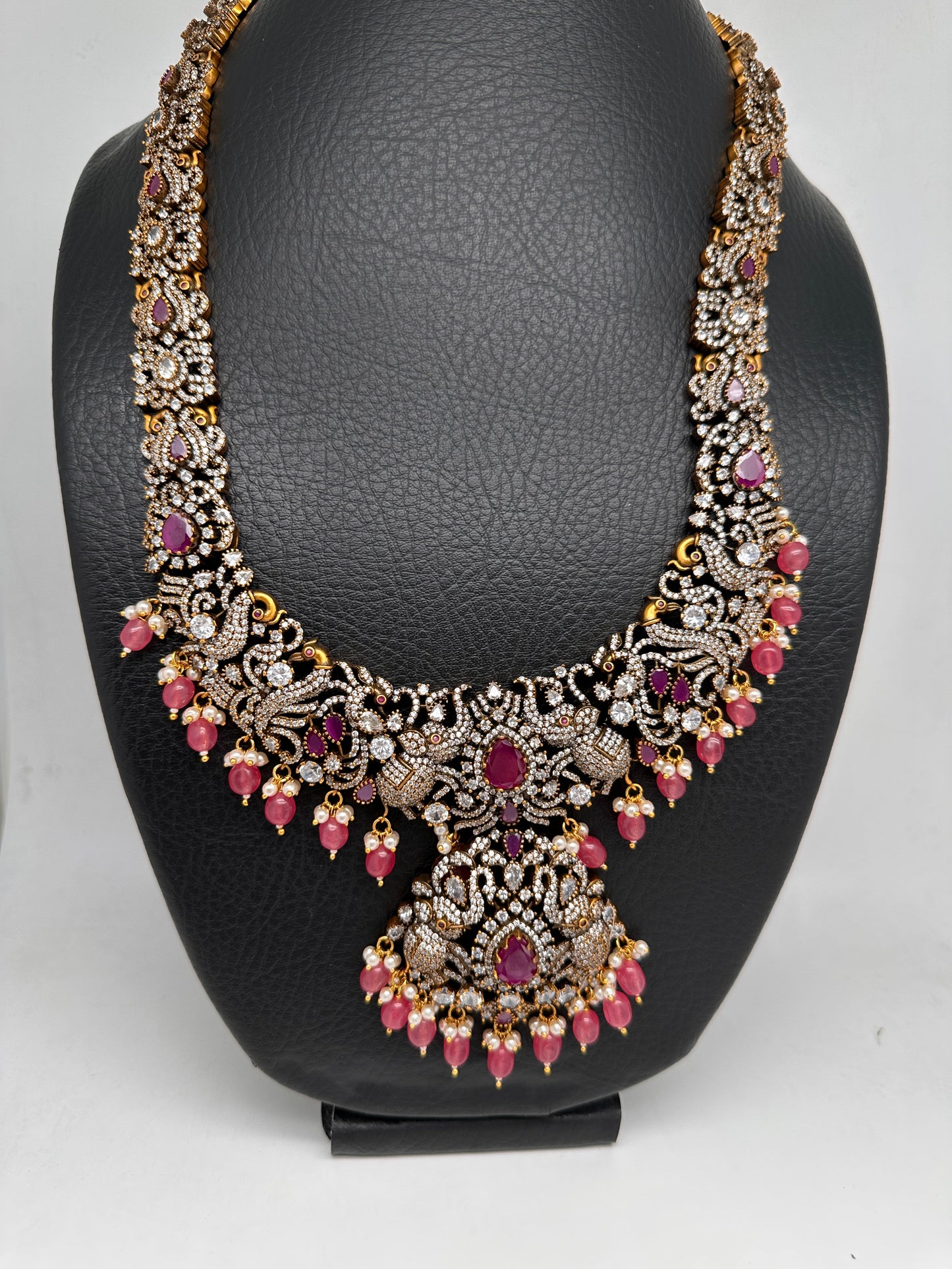 Victorian Mehndi Finish AD Polki Red Stone Pink Beads Long Statement Necklace