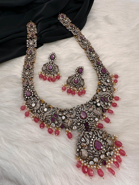 Victorian Mehndi Finish AD Polki Red Stone Pink Beads Long Statement Necklace