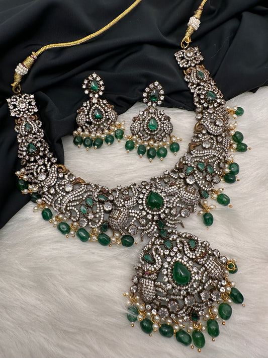 Victorian Mehndi Finish AD Polki Green Stone Green Beads Short Statement Necklace