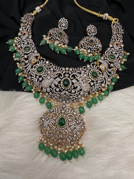 Victorian Mehndi Finish AD Polki Green Stone Green Beads Short Statement Necklace