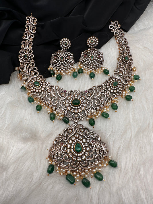 Victorian Mehndi Finish AD Polki Green Stone Green Beads Short Statement Necklace