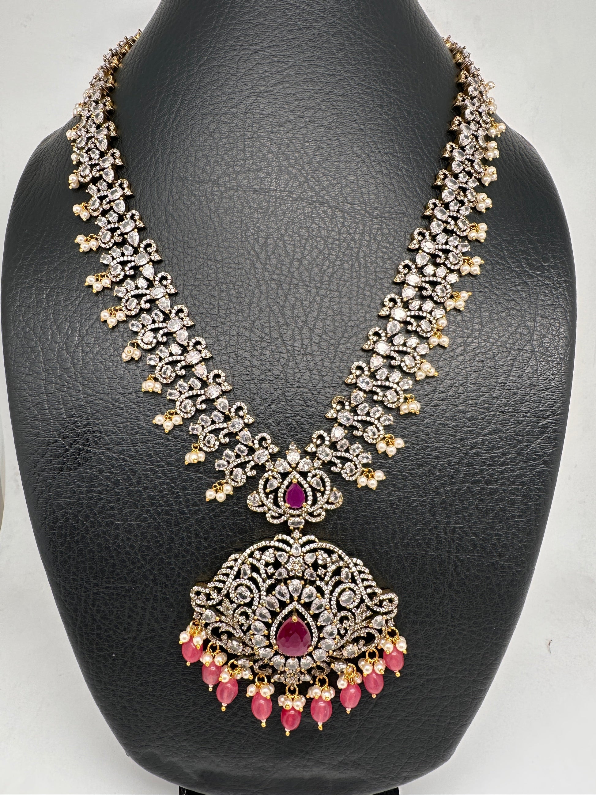 Victorian Mehndi Finish AD Polki Red Stone Pink Beads Long Necklace - Red