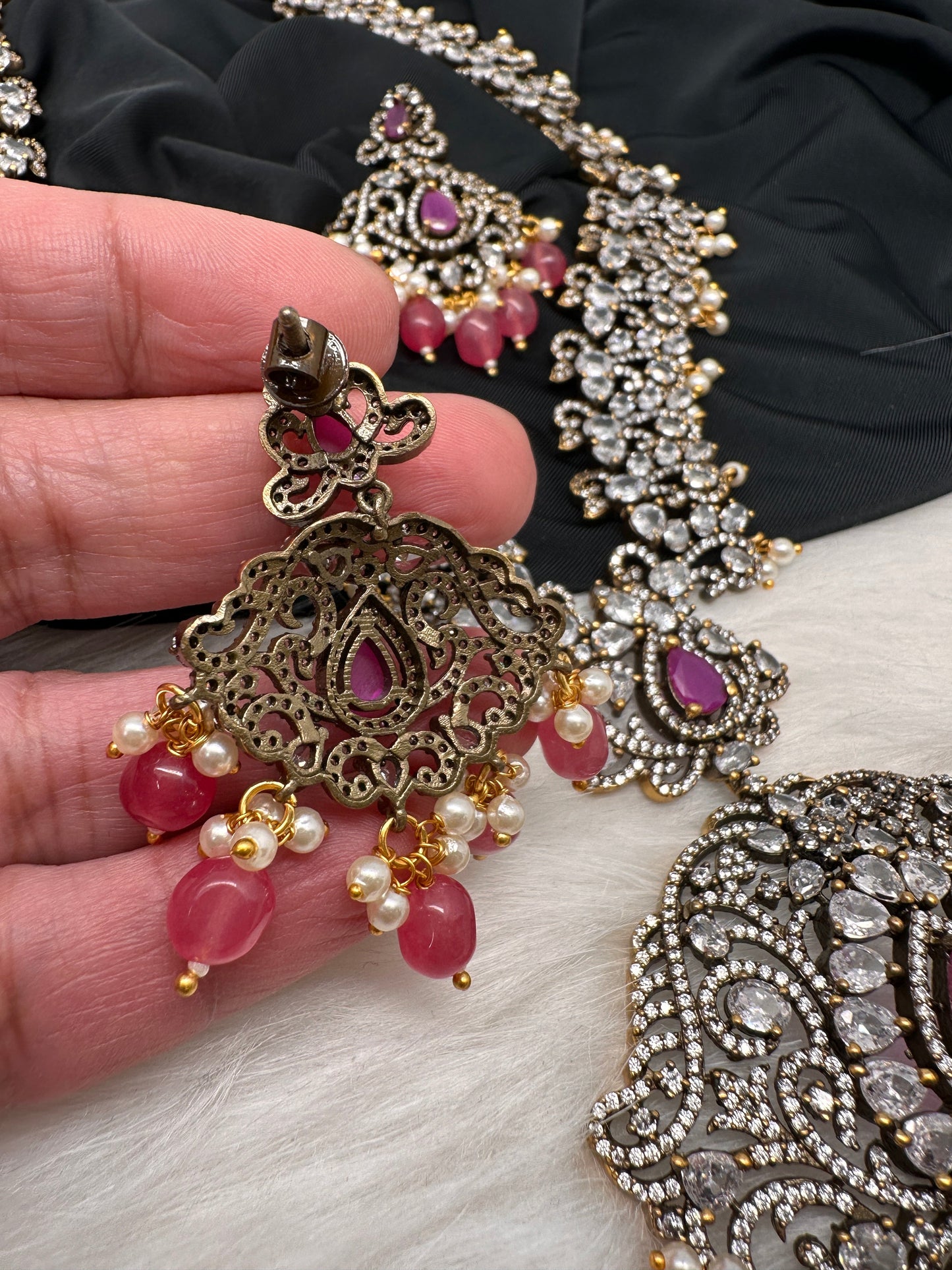 Victorian Mehndi Finish AD Polki Red Stone Pink Beads Long Necklace - Red