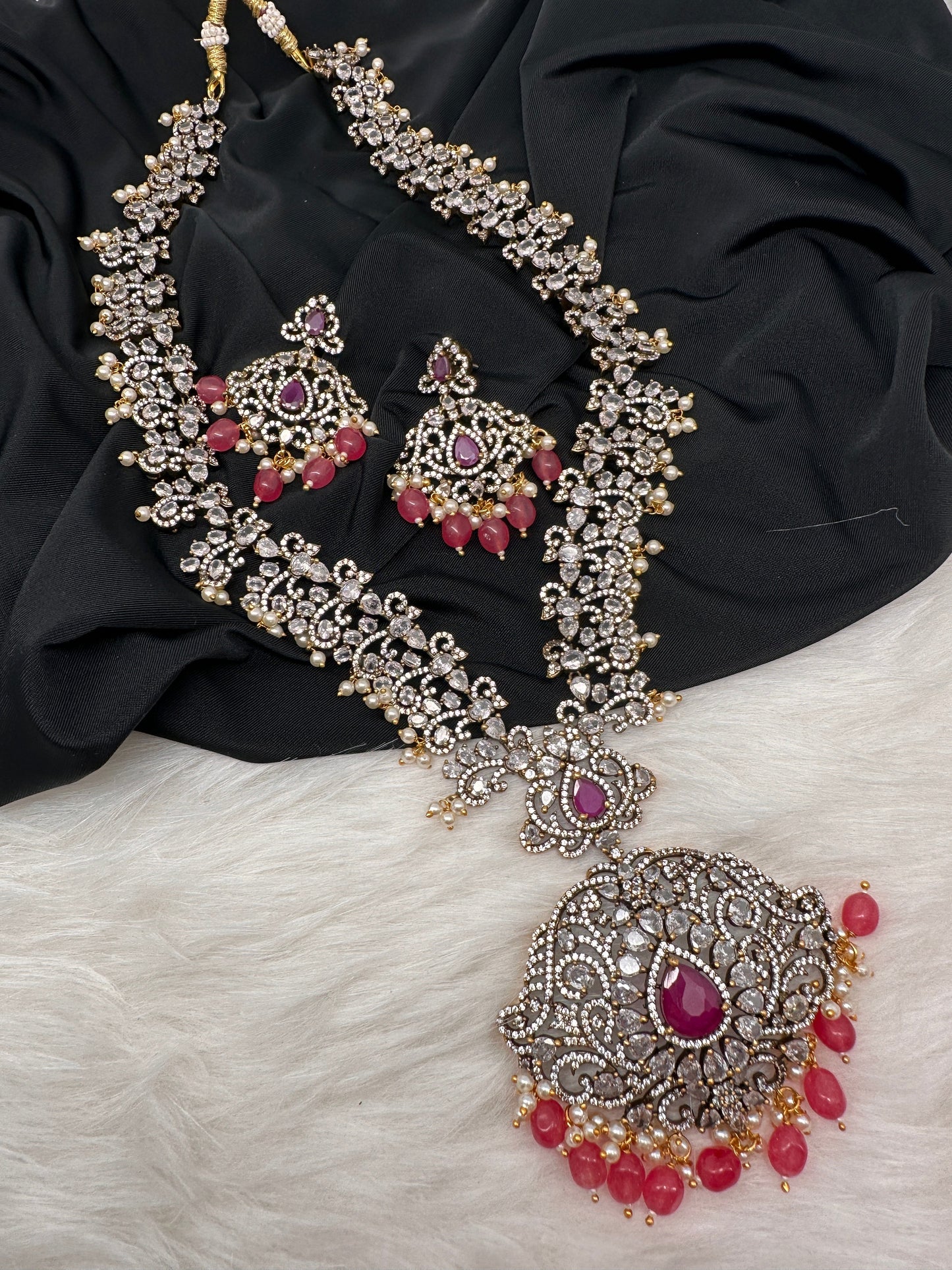 Victorian Mehndi Finish AD Polki Red Stone Pink Beads Long Necklace - Red