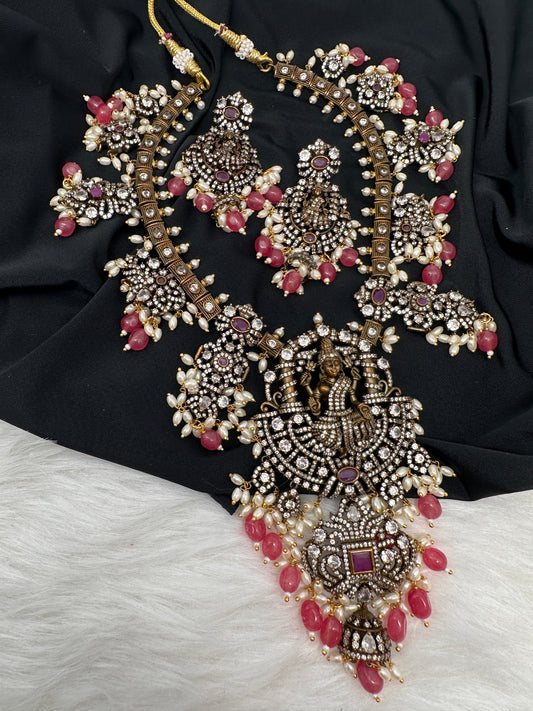 Victorian Mehndi Finish AD Polki Kundan Color Stone Short Necklace - Red