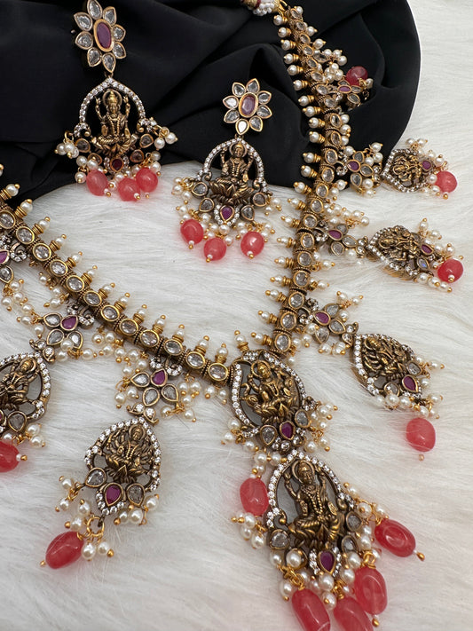 Victorian Mehndi Finish Goddess Lakshmi AD Polki Red Stone Pink Beads Short Necklace