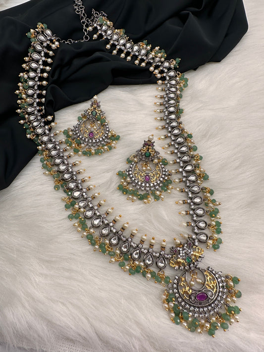 Victorian Mehndi Finish AD Kundan Green Stone Green Beads LongNecklace