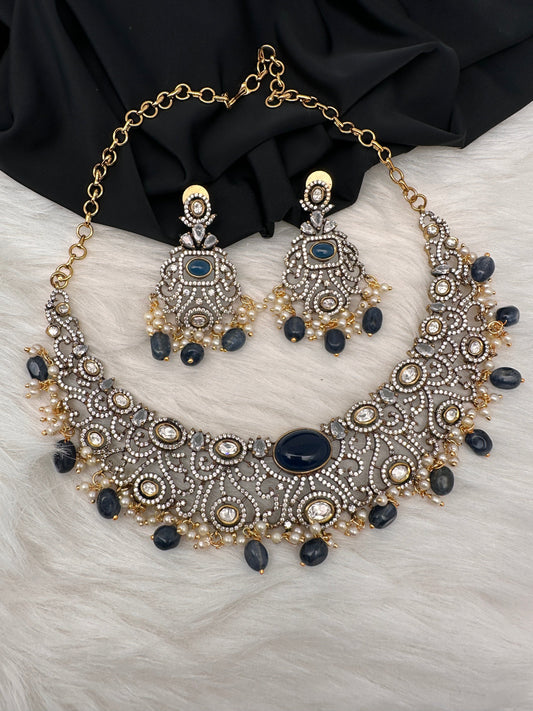 Victorian Mehndi Finish AD Polki Kundan Color Stone Choker Necklace - Blue