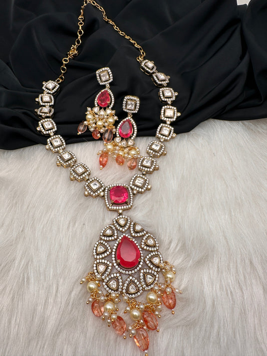 Victorian Mehndi Finish AD Polki Color Stone Necklace - Pink