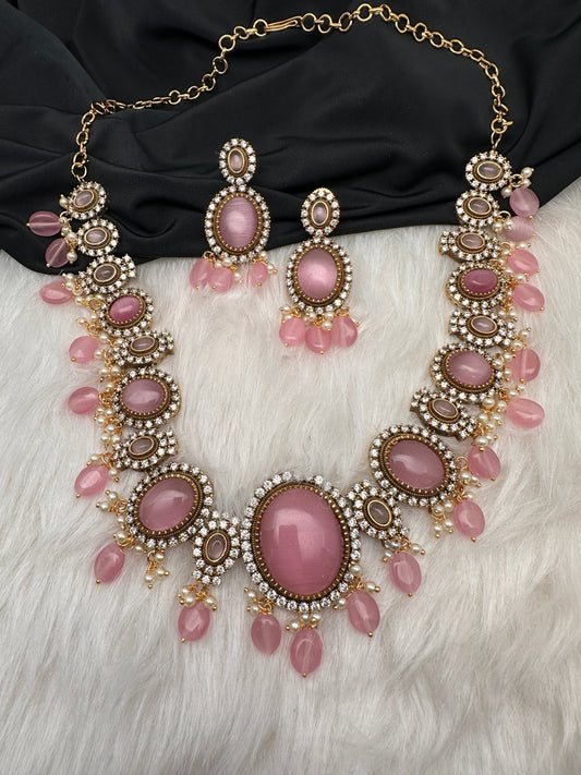 Victorian Mehndi Finish AD Polki Monalisa Color Stone Necklace - Pink