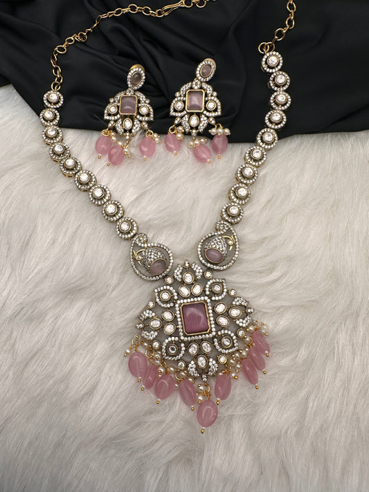 Victorian Mehndi Finish AD Polki Monalisa Color Stone Necklace - Pink