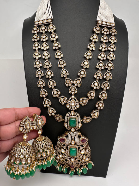 Kundan CZ Multi Layer Mehendi Polish Long Necklace